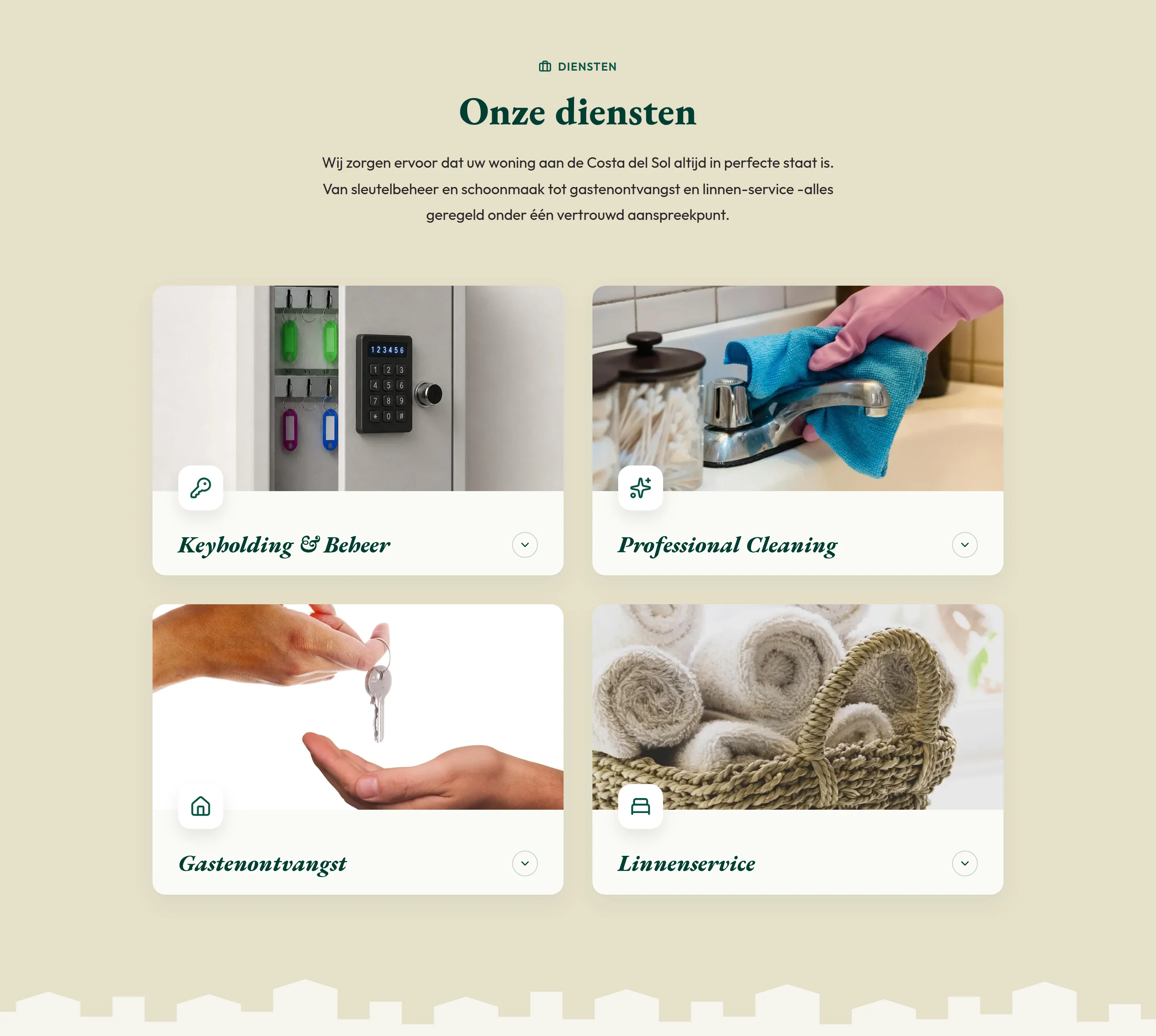 The services overview: four cards, each leading to a page with pricing context and a “what's included” list.